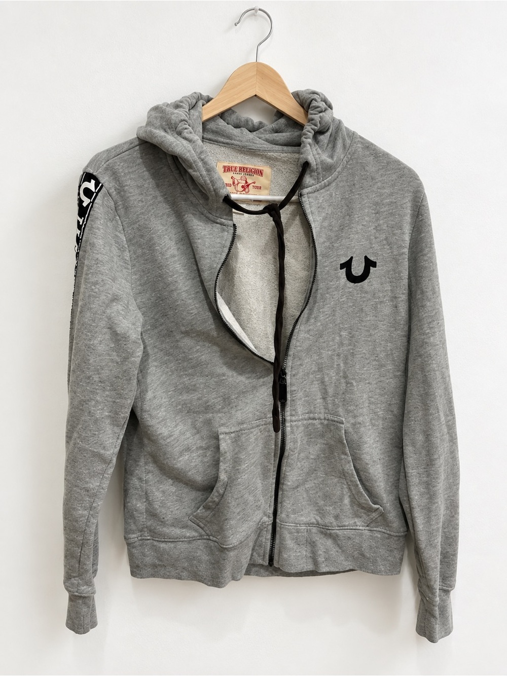 True Religion Women’s Grey Zip Hoodie Sleeve Logo Tape Medium